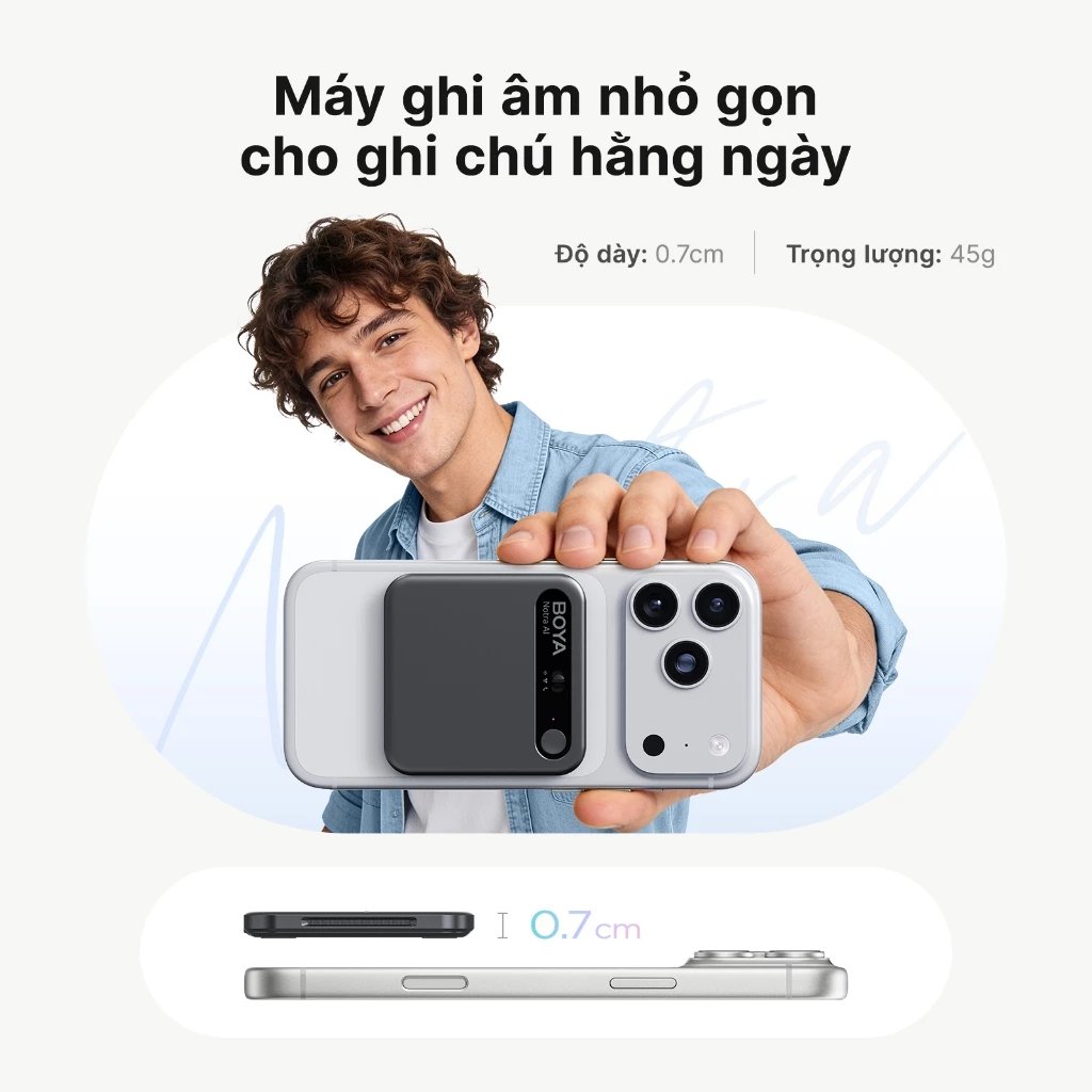 0.7cm — 45g — mỏng nhẹ hơn 1 chiếc thẻ ngân hàng. Đặt trên bàn họp không gây chú ý.