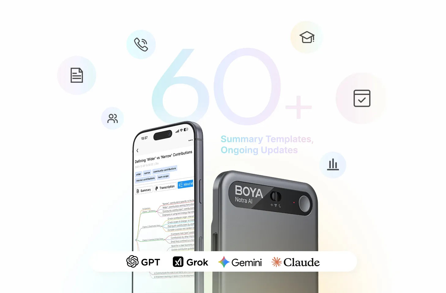 AI tóm tắt cuộc họp trên app chính hãng BOYA — multi-LLM ChatGPT · Claude · Gemini · Grok.